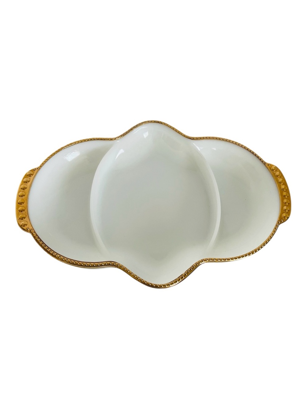 Anchor Hocking/Fire King/Milk Glass/Divided Serving Dish White, Gold Beaded Trim